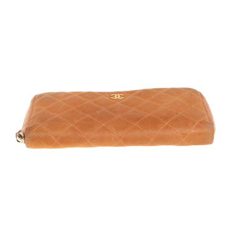 Pre Owned Chanel Orange Quilted Caviar Suede CC Zip Around Wallet