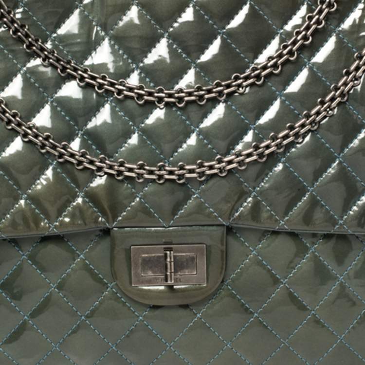 Pre Owned Chanel Teal Blue Quilted Patent Leather XL Maxi Reissue Flap Bag