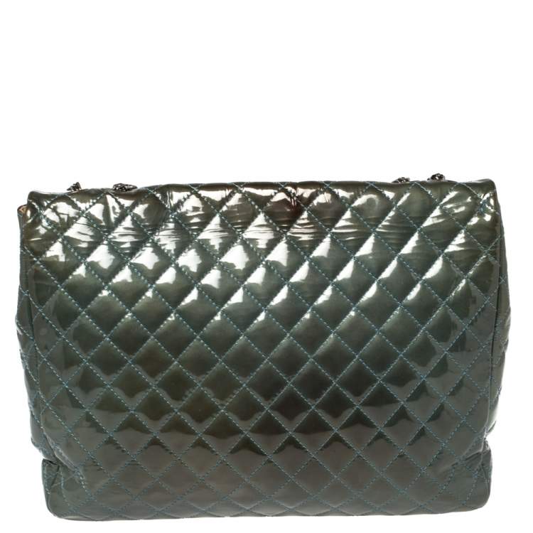 Pre Owned Chanel Teal Blue Quilted Patent Leather XL Maxi Reissue Flap Bag