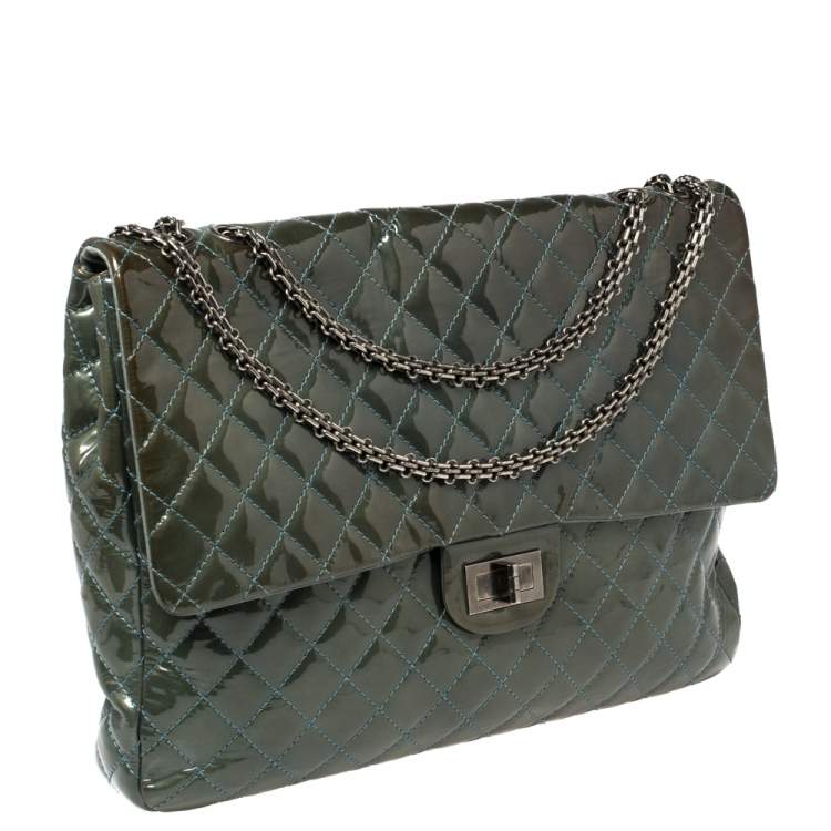 Pre Owned Chanel Teal Blue Quilted Patent Leather XL Maxi Reissue Flap Bag
