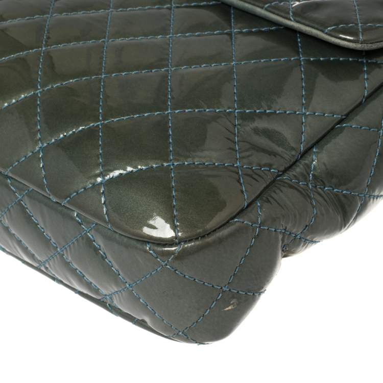 Pre Owned Chanel Teal Blue Quilted Patent Leather XL Maxi Reissue Flap Bag