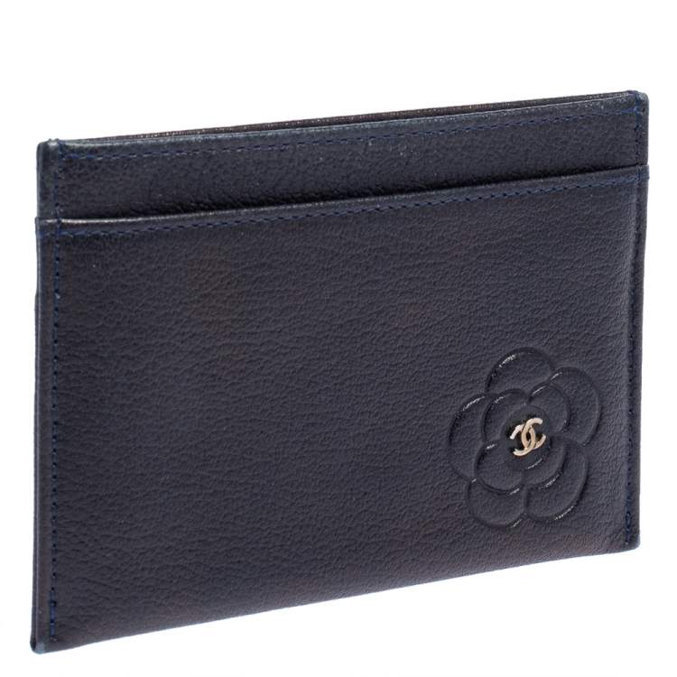 Pre Owned Chanel Navy Blue Leather CC Camellia Embossed Card Holder