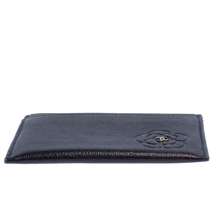 Pre Owned Chanel Navy Blue Leather CC Camellia Embossed Card Holder