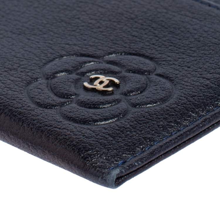 Pre Owned Chanel Navy Blue Leather CC Camellia Embossed Card Holder