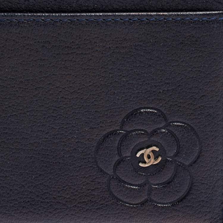 Pre Owned Chanel Navy Blue Leather CC Camellia Embossed Card Holder