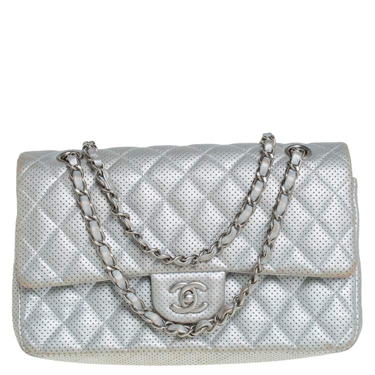 Chanel Silver Quilted Perforated Lambskin Leather Medium Classic Double  Flap Bag Chanel | The Luxury Closet
