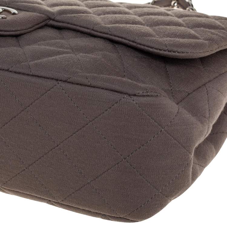 Pre Owned Chanel Dark Beige Quilted Jersey Jumbo Classic Single Flap Bag