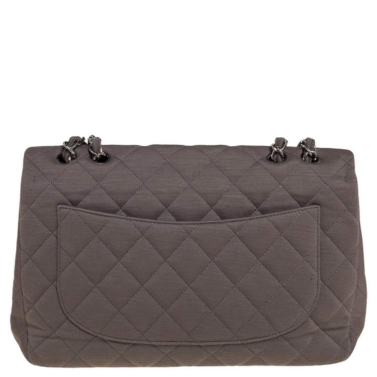Pre Owned Chanel Dark Beige Quilted Jersey Jumbo Classic Single Flap Bag