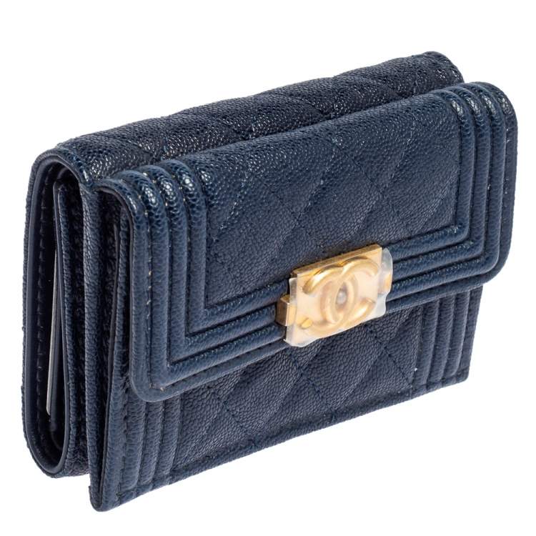 Pre Owned Chanel Blue Quilted Caviar Leather Boy Card Holder
