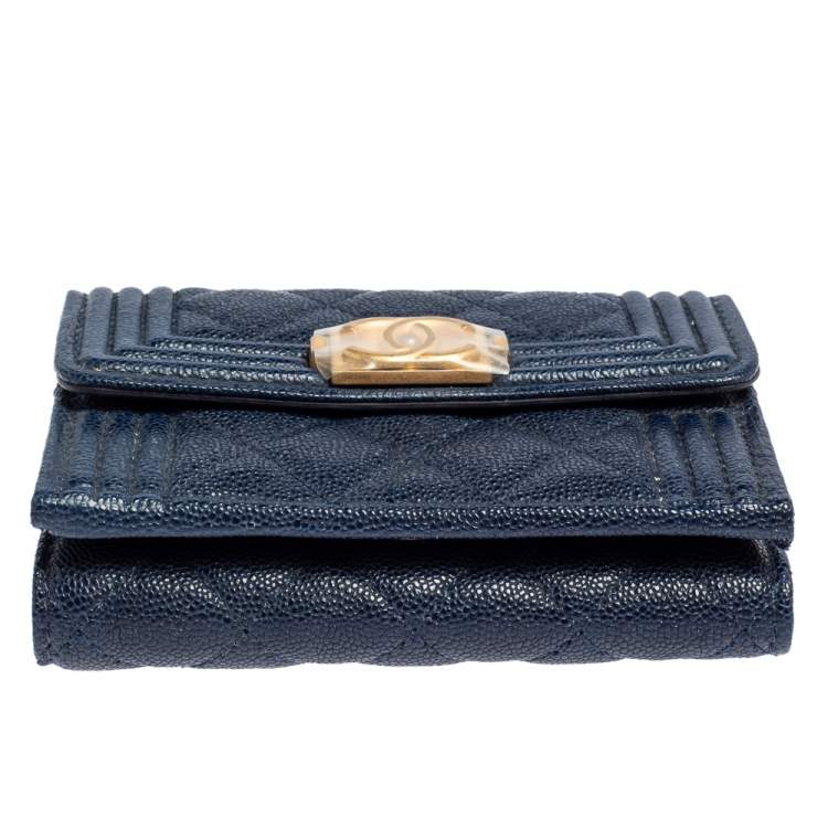 Pre Owned Chanel Blue Quilted Caviar Leather Boy Card Holder