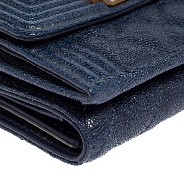 Pre Owned Chanel Blue Quilted Caviar Leather Boy Card Holder