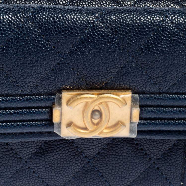 Pre Owned Chanel Blue Quilted Caviar Leather Boy Card Holder