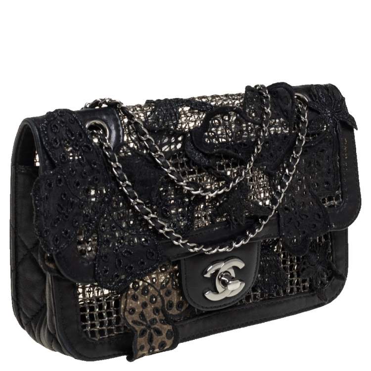 Pre Owned Chanel Black PVC Mesh And Leather Butterfly Flap Shoulder Bag