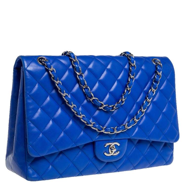 Pre Owned Chanel Blue Quilted Lambskin Leather Maxi Classic Single Flap Bag