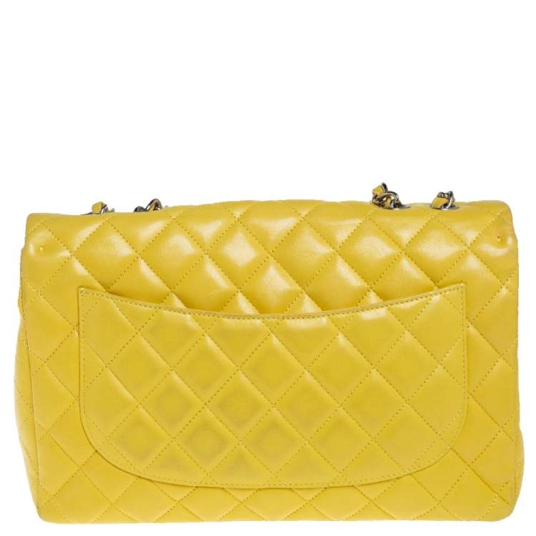 Pre Owned Chanel Yellow Quilted Lambskin Leather Jumbo Classic Single Flap Bag