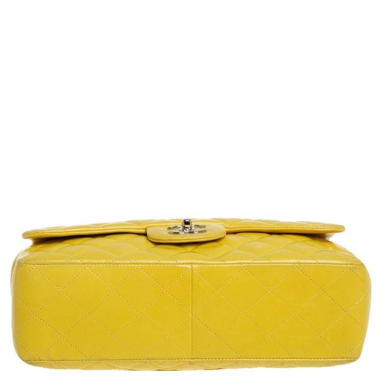 Pre Owned Chanel Yellow Quilted Lambskin Leather Jumbo Classic Single Flap Bag