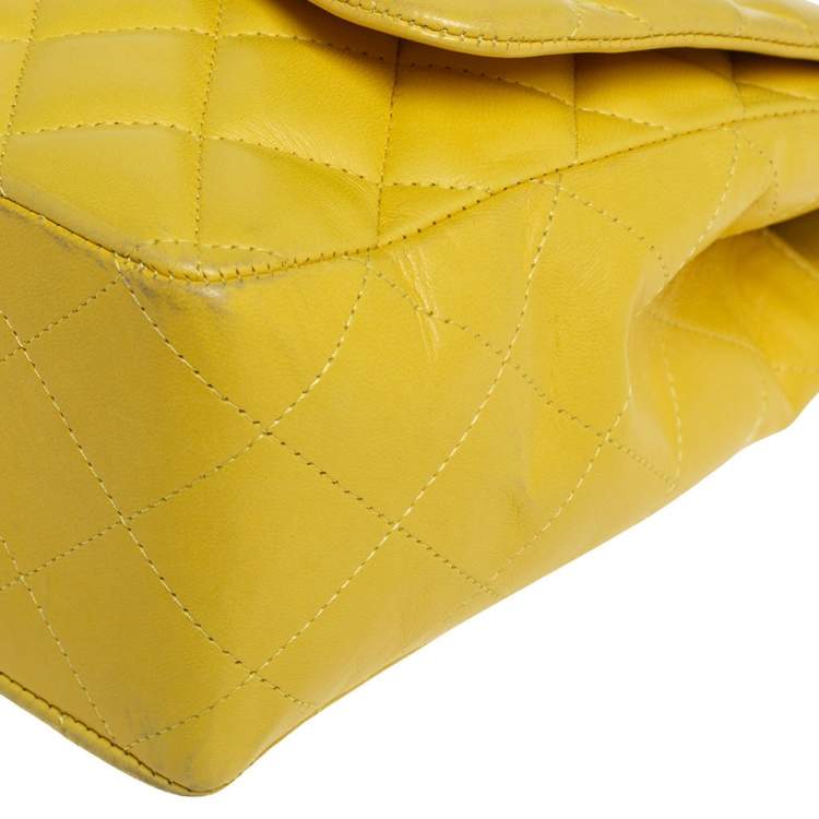 Pre Owned Chanel Yellow Quilted Lambskin Leather Jumbo Classic Single Flap Bag