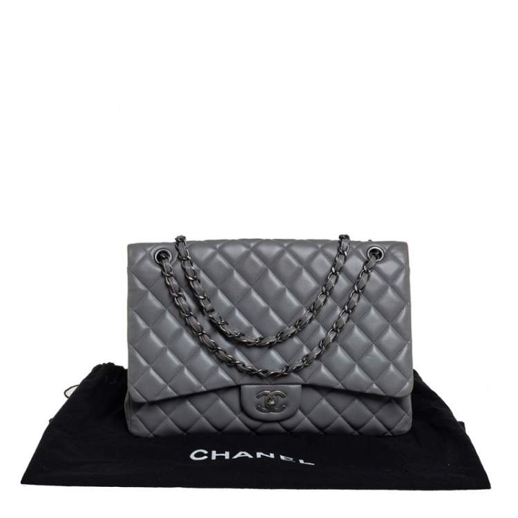 Pre Owned Chanel Grey Quilted Lambskin Leather Maxi Classic Single Flap Bag