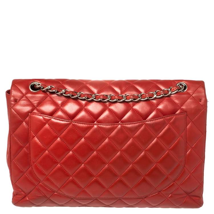 Pre Owned Chanel Red Quilted Leather Maxi Classic Double Flap Bag