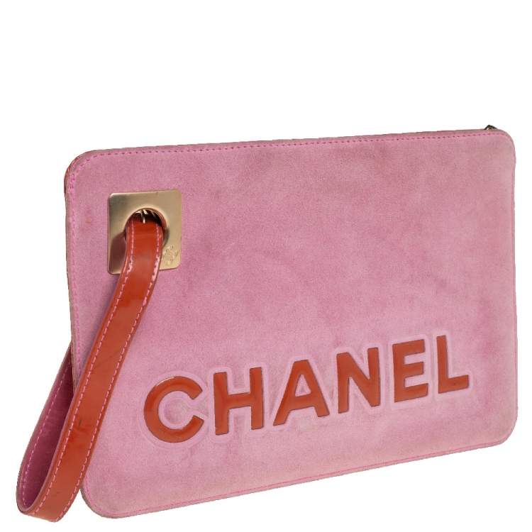 Pre Owned Chanel Pink/Brown Suede and Patent Leather Camellia Wristlet Clutch