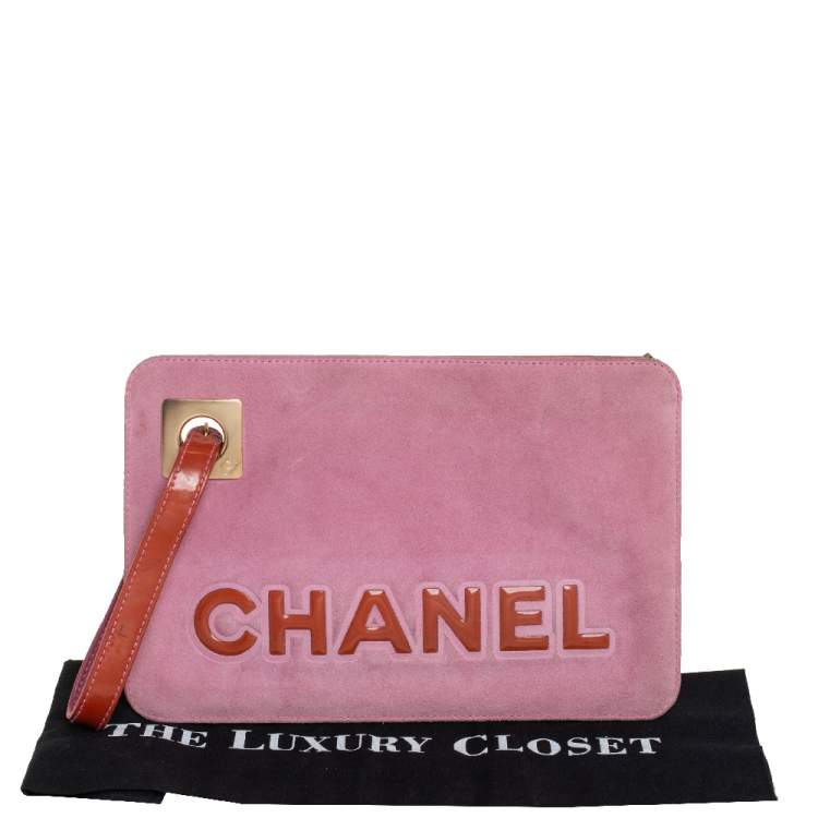 Pre Owned Chanel Pink/Brown Suede and Patent Leather Camellia Wristlet Clutch