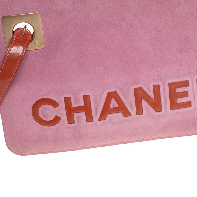 Pre Owned Chanel Pink/Brown Suede and Patent Leather Camellia Wristlet Clutch