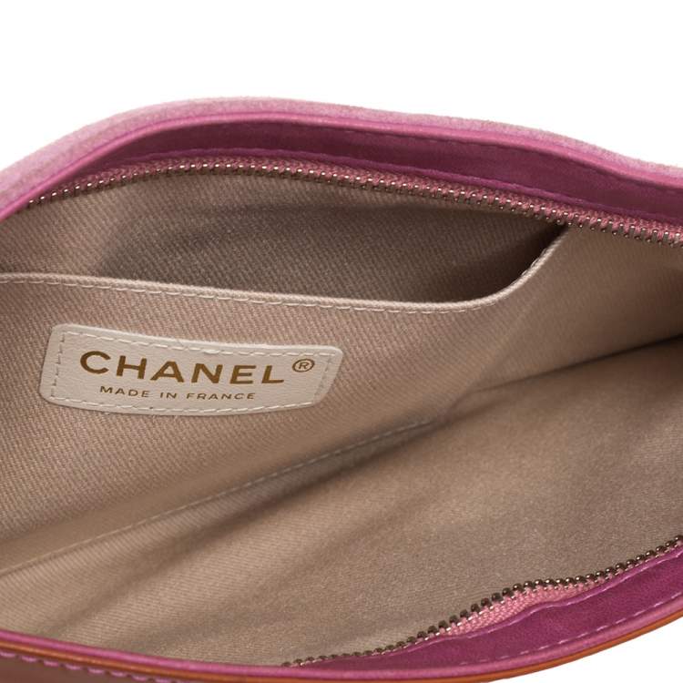 Pre Owned Chanel Pink/Brown Suede and Patent Leather Camellia Wristlet Clutch