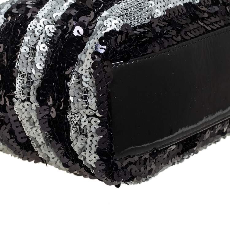Pre Owned Chanel Black/Grey Striped Sequins and Patent Leather Small Reissue Tote