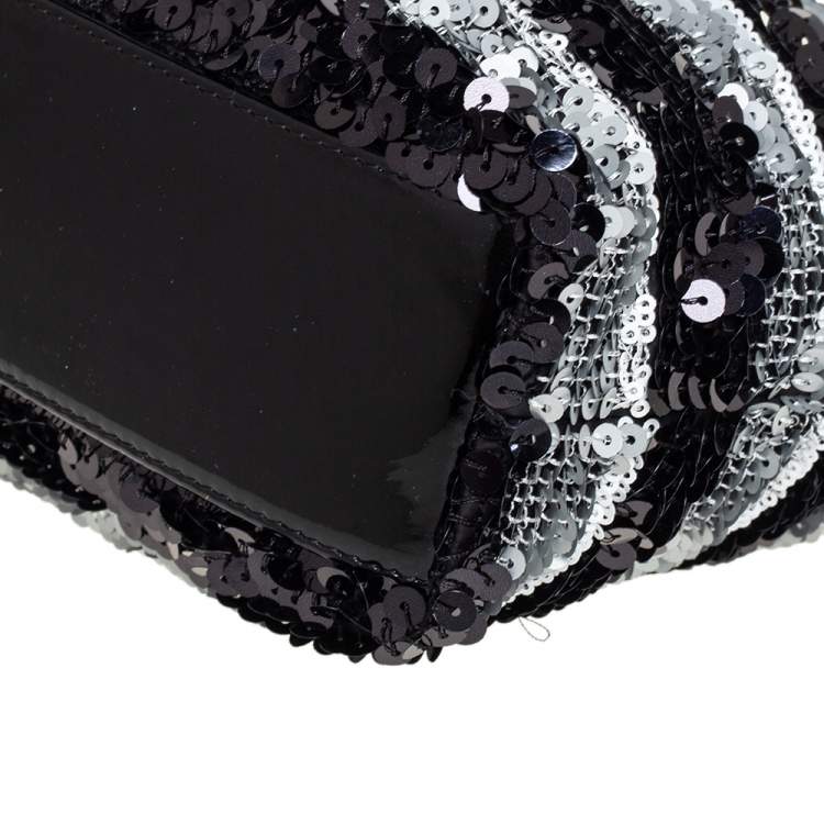 Pre Owned Chanel Black/Grey Striped Sequins and Patent Leather Small Reissue Tote