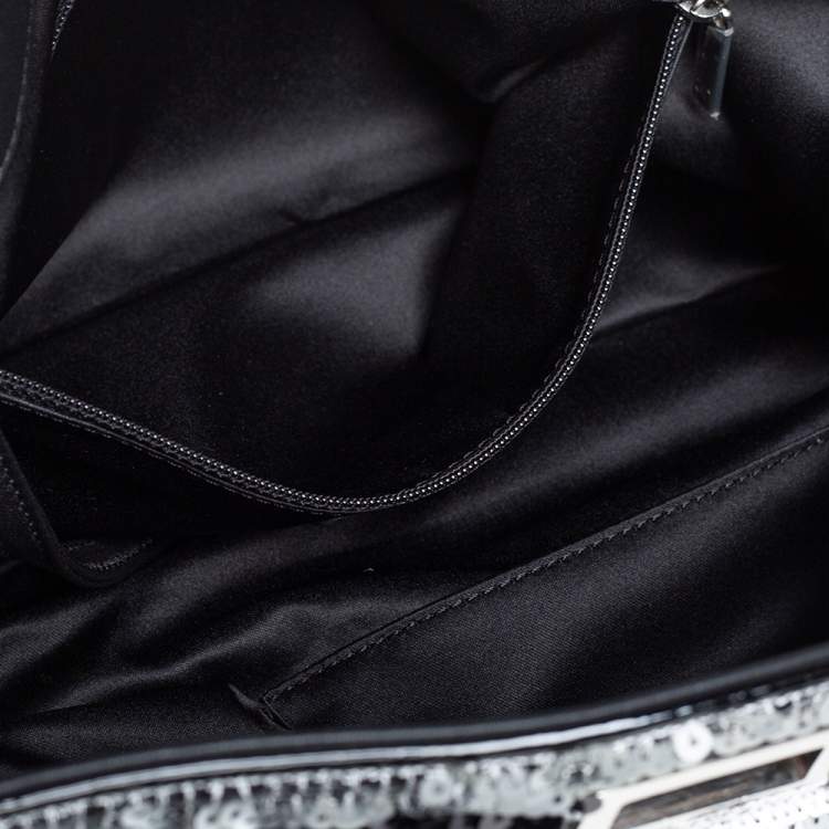Pre Owned Chanel Black/Grey Striped Sequins and Patent Leather Small Reissue Tote