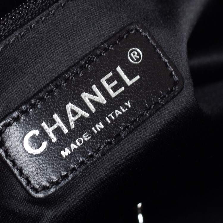 Pre Owned Chanel Black/Grey Striped Sequins and Patent Leather Small Reissue Tote