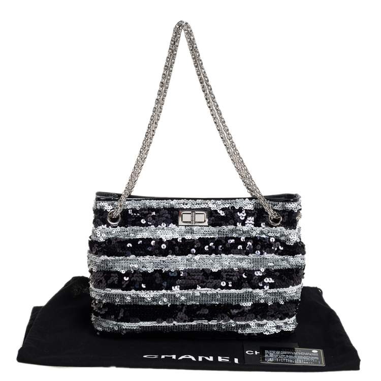 Pre Owned Chanel Black/Grey Striped Sequins and Patent Leather Small Reissue Tote