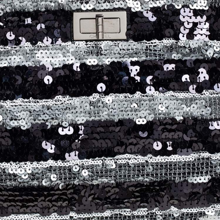 Pre Owned Chanel Black/Grey Striped Sequins and Patent Leather Small Reissue Tote