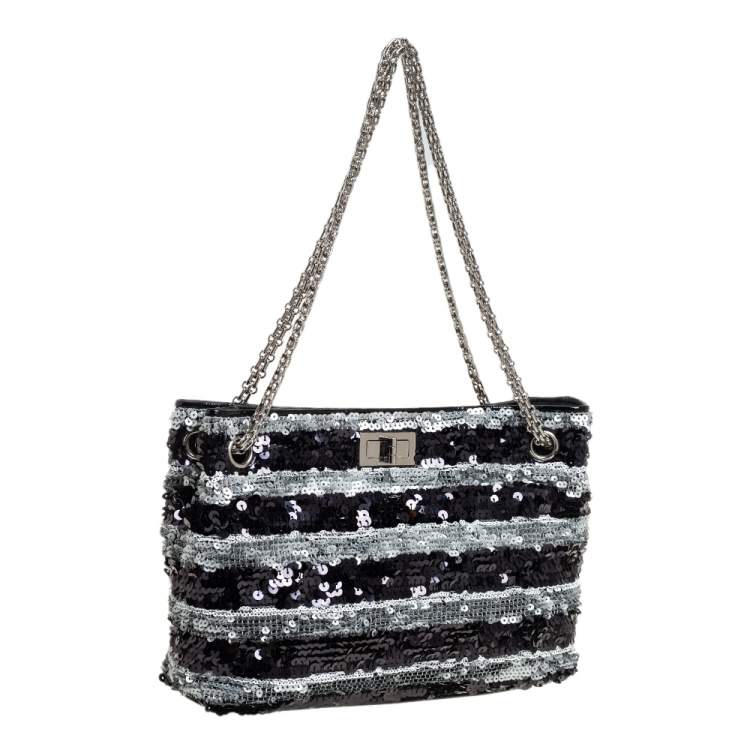 Pre Owned Chanel Black/Grey Striped Sequins and Patent Leather Small Reissue Tote