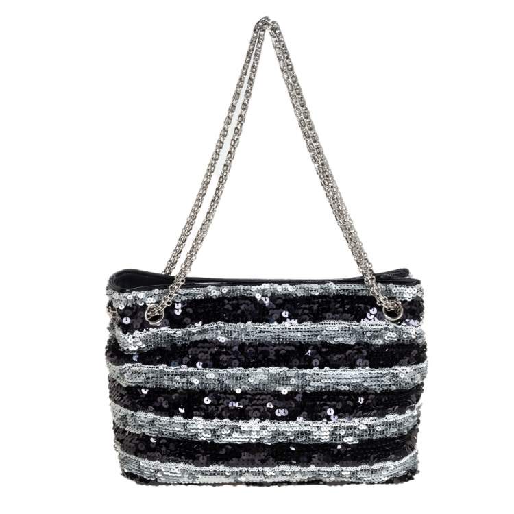 Pre Owned Chanel Black/Grey Striped Sequins and Patent Leather Small Reissue Tote