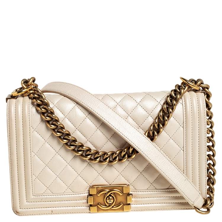 Chanel Boy Flap Bag Chain Embellished Quilted Lambskin Old Medium White  1628191