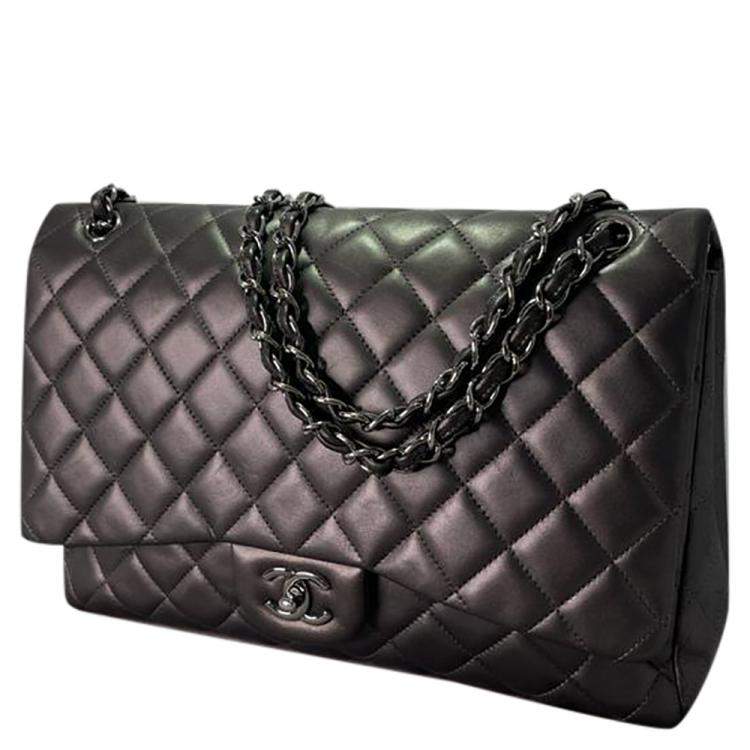Chanel Dark Grey Lambskin Leather Medium Classic Double Flap Shoulder Bag  Chanel