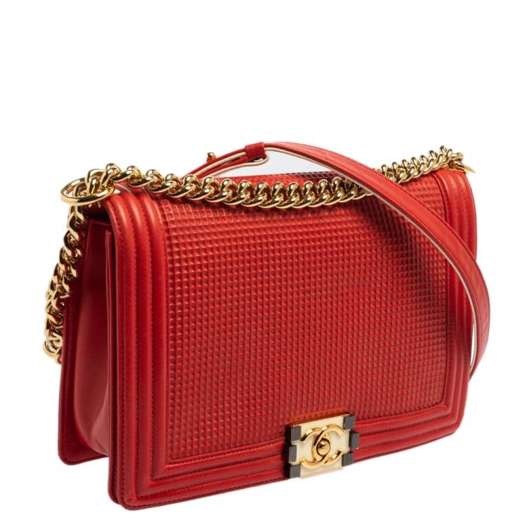 مملوكة مسبقًا Chanel Red Cube Embossed Leather New Medium Boy Flap Bag