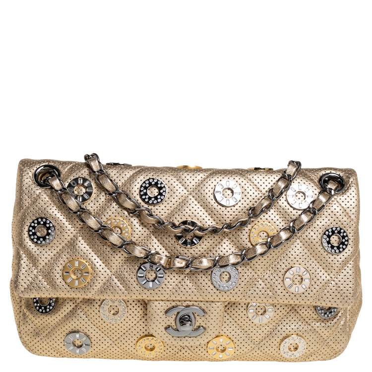Chanel Gold Metallic Quilted Perforated Lambskin Paris-Dubai Medals Charm Flap Silver Hardware, 2015 (Very Good), Womens Handbag