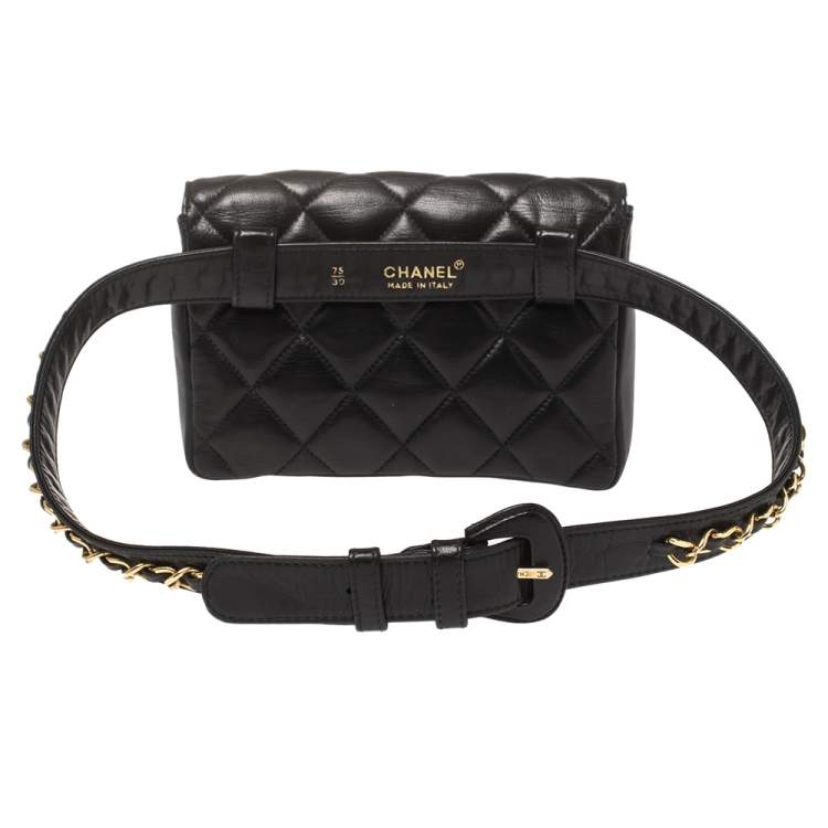 Pre Owned Chanel Black Quilted Leather Vintage Classic Chain Belt Bag