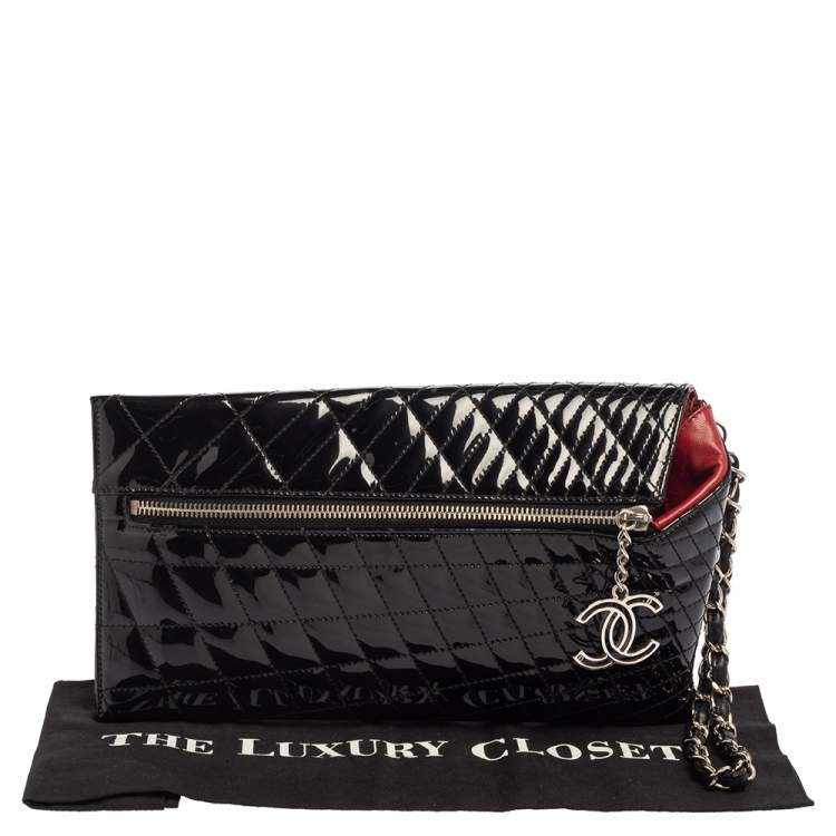 Pre Owned Chanel Black Quilted Patent Leather Gala Zip Clutch