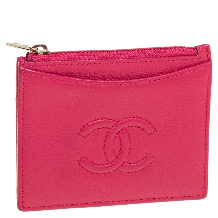 Pre Owned Chanel Pink Leather Timeless Zip Card Holder