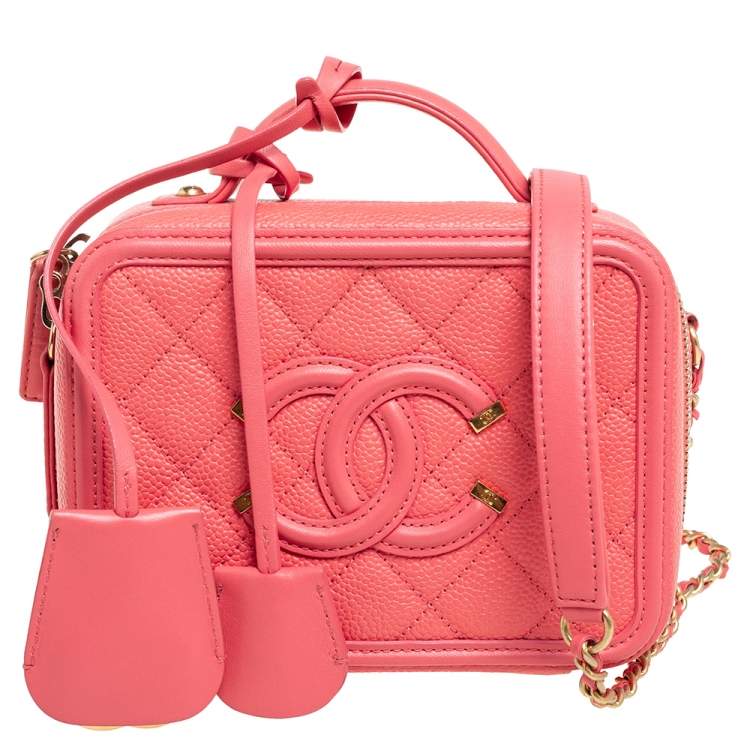 Chanel 22S Pick Me Up Pink Caviar Rectangle Vanity Case with Antique Gold  Hardware. 
