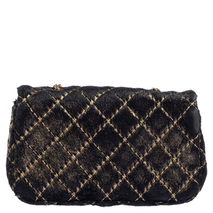 Pre Owned Chanel Black/Gold Quilted Calf Hair Extra Mini Classic Single Flap Bag