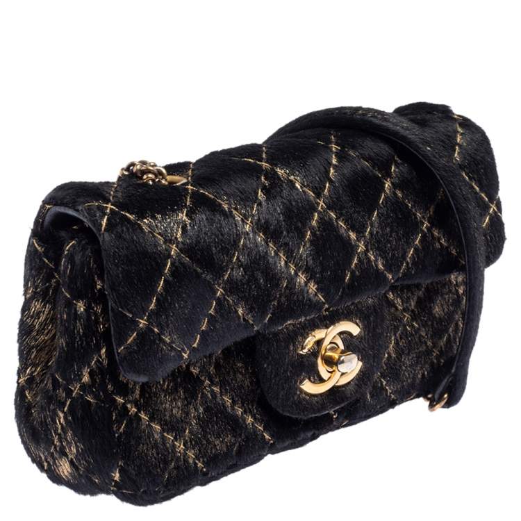 Pre Owned Chanel Black/Gold Quilted Calf Hair Extra Mini Classic Single Flap Bag