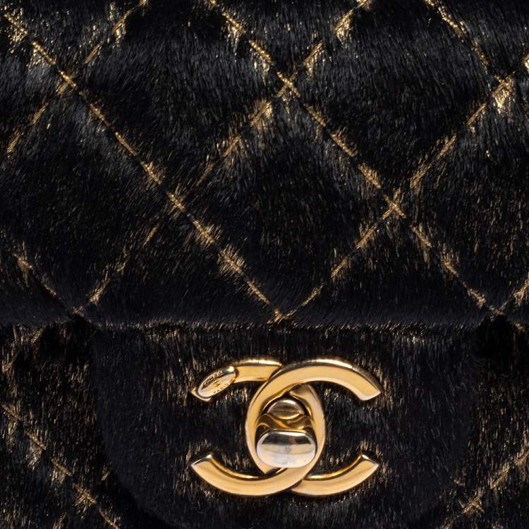 Pre Owned Chanel Black/Gold Quilted Calf Hair Extra Mini Classic Single Flap Bag