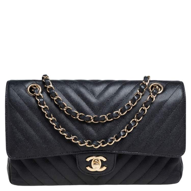 Chanel Black Chevron Caviar Leather Medium Classic Double Flap Bag