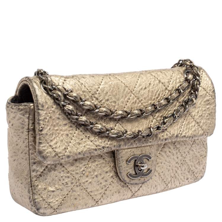 Pre Owned Chanel Metallic Gold Quilted Leather Flap Bag