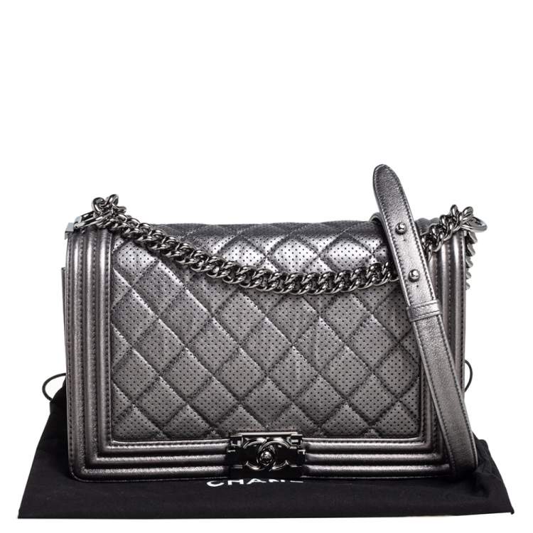 Pre Owned Chanel Silver Quilted Perforated Leather New Medium Boy Flap Bag