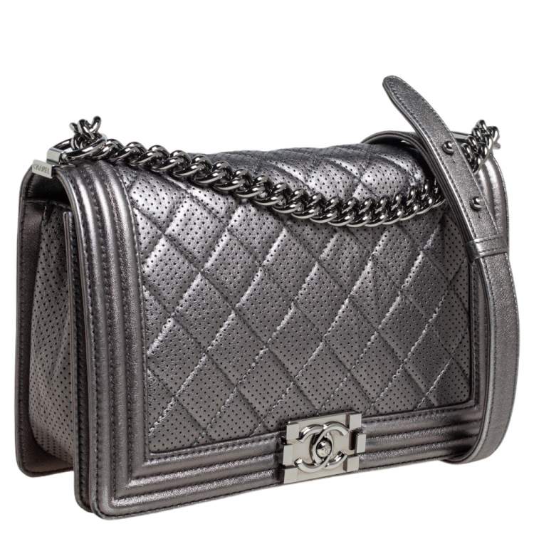 Pre Owned Chanel Silver Quilted Perforated Leather New Medium Boy Flap Bag
